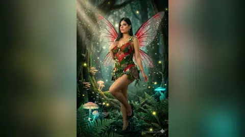 Ethereal fairy in a floral green dress with large wings standing in a magical, glowing mushroom forest.