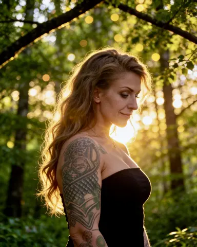 Tattooed woman in a black strapless top posing in a sunlit forest during golden hour.