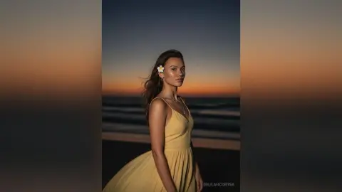 Young woman in a yellow sundress standing on a beach during a serene golden hour sunset.