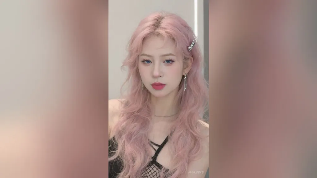 AnnLinMei — AnnLinMei poses with her long pink wavy hair and silver earrings while wearing a black mesh top.