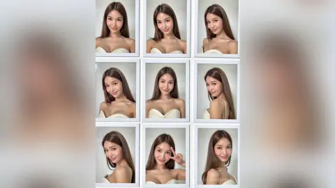 Collage of smiling young woman in white strapless top posing for portraits in a bright indoor setting.
