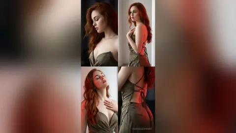Elegant redhead woman in a sleek olive green satin dress posing in a moody, cinematic studio setting.