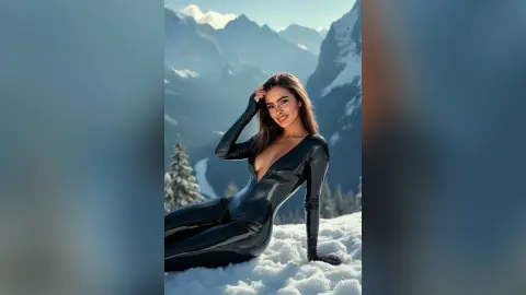Smiling woman in a black long-sleeve bodysuit posing in a snowy mountain landscape under bright sunlight.
