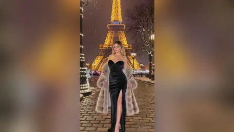 Glamorous woman in a black velvet slit dress and faux fur coat posing at night in front of the Eiffel Tower.