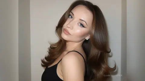 Beautiful woman with long wavy brown hair and winged eyeliner wearing a black tank top in a minimalist setting.