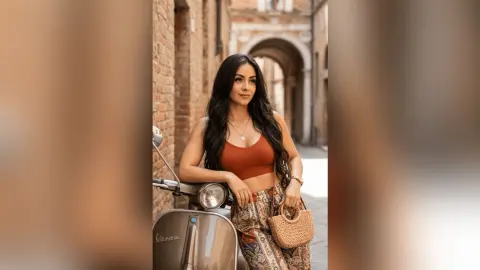 Stylish woman in a rust crop top and patterned trousers leaning on a vintage scooter in a sunny European alley.