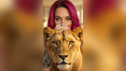 Portrait of a woman with pink hair gazing calmly behind a large lion in a warm, cinematic setting.