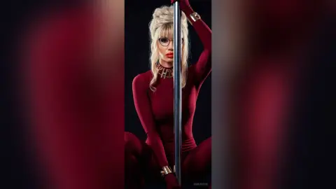 Blonde woman in a burgundy bodysuit and gold jewelry posing elegantly against a dark red background.