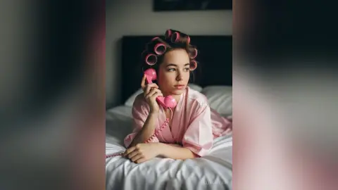 Young woman in pink silk robe using a vintage pink telephone while relaxing in bed with hair rollers.