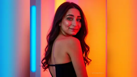 Smiling brunette woman in a black top posing against vibrant neon pink and blue studio lighting.