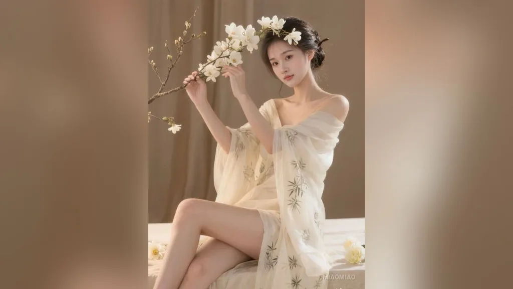 miaomiao — miaomiao wears a white floral robe and a flower crown while sitting and holding a flowering branch.