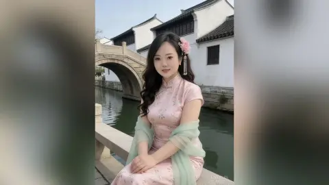 EnyaLin wears a pink floral cheongsam with a light green silk sash while standing near a stone bridge over a canal.
