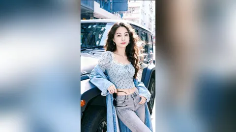 CelesteQi — CelesteQi leans against a black jeep wearing a blue floral crop top and grey jeans.