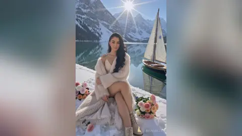 Woman in a cozy white knit sweater sitting by a snowy mountain lake with pink flowers on a sunny winter day.