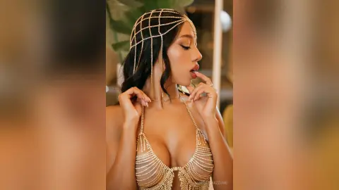 Glamorous woman in gold chain bikini and headpiece posing in warm, elegant indoor lighting.