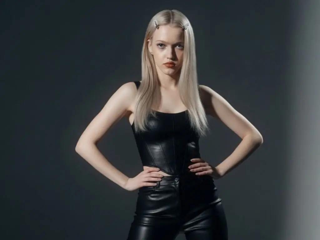 Blonde woman in a black leather corset and matching trousers posing against a grey studio background.