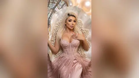 Glamorous woman in a pink beaded corset gown reclining in a giant pearl-filled seashell setting.