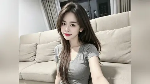 Young woman with long brown hair wearing a grey t-shirt sitting on a beige sofa in a bright living room.