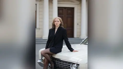 Elegant woman in a black blazer and tights sitting on a vintage white car in front of a classical building.