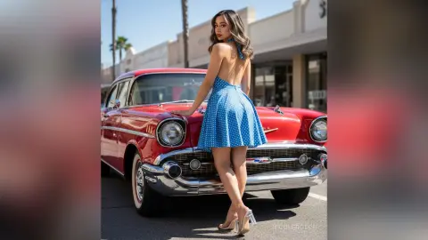 Stylish woman in a blue polka dot dress leaning against a vintage red classic car on a sunny city street.
