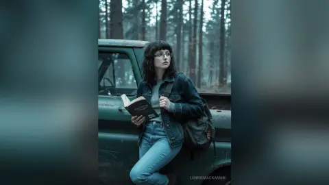 Young woman with glasses and denim jacket reading a book by a vintage truck in a moody, misty forest.