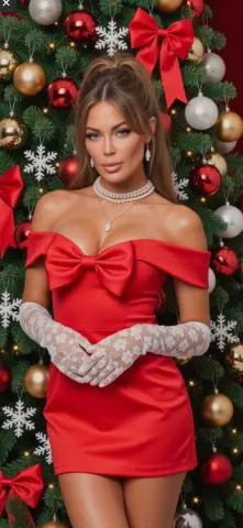 Glamorous woman in a red off-the-shoulder cocktail dress and white lace gloves posing by a festive Christmas tree.