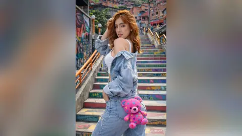Redheaded woman in denim outfit holding a pink teddy bear on colorful outdoor stairs in a city setting.