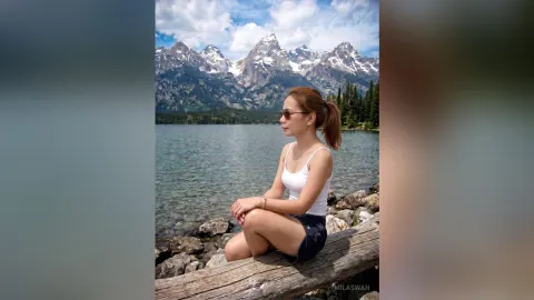 MilaSwan — MilaSwan sits on a log by a mountain lake wearing a white tank top and dark shorts.