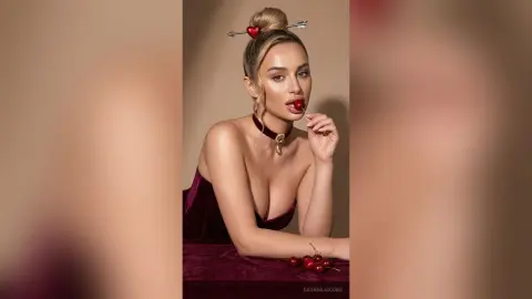 Glamorous woman in a burgundy velvet dress eating a cherry with a romantic Valentine's Day aesthetic.