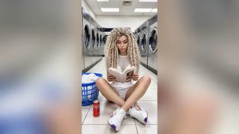 Blonde woman in white outfit reading a book while sitting on a laundromat floor with a soda and laundry basket.