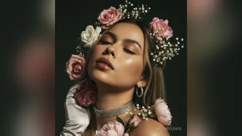 Close-up portrait of a woman with a floral crown and silver jewelry in a dreamy, ethereal mood.