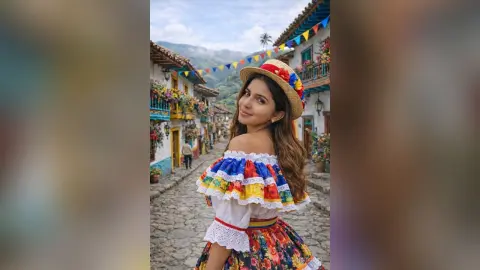 Smiling young woman in a colorful floral ruffled blouse and straw hat walking through a rustic cobblestone village.