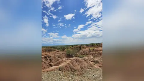 RossiNoleen's photo features a wide view of a dry, brown desert landscape under a bright blue sky with scattered white clouds.