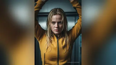 Blonde woman in a yellow zip-up tracksuit posing with arms raised in a moody, cinematic indoor setting.