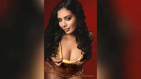 AlessandraDumont poses with long wavy black hair, wearing a low-cut gold sequin top that shows off her cleavage against a red background.