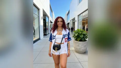 BiancaBell poses in a white Dodgers jersey and white denim shorts, standing on a sunny outdoor walkway with long red hair.