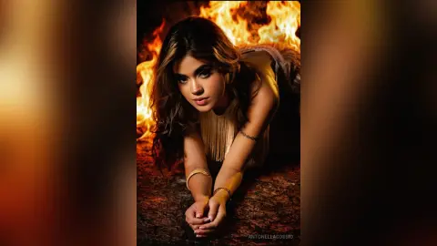Glamorous woman in a gold fringed outfit posing against a dramatic fiery background with warm lighting.