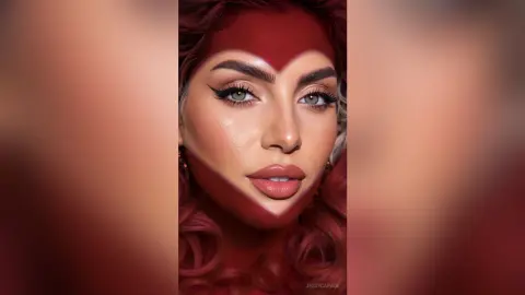 JessycaPage looks into the camera with heavy winged eyeliner and red face paint in a superhero-style design.