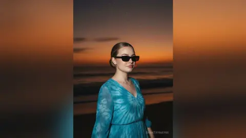 ShantayMayne wears black sunglasses and a blue sheer dress while standing on a beach at sunset.