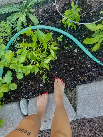Serve_Cherry shows her bare legs and feet with red toenails, resting near a garden bed with green plants and dark soil.