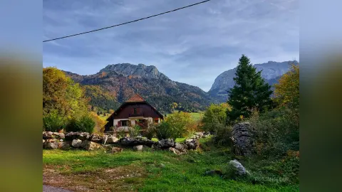 RossiNoleen stands outside a rustic wooden house surrounded by green trees and large grey mountains under a blue sky.