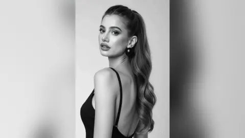 Elegant woman in a black sleeveless dress with a high ponytail posing in a minimalist black and white studio.