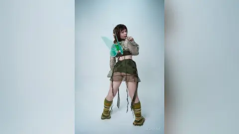 Young woman in a green fairy costume with translucent wings and olive knit leg warmers in a studio setting.