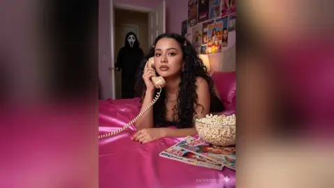 Young woman in black top talking on a vintage phone in a pink bedroom with popcorn and a Scream ghost in the background.