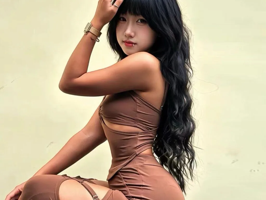 LouiseEve poses in a brown cutout bodysuit with long wavy black hair against a plain wall.