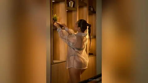 EvaCarusso stands sideways in a sheer white shirt, showing her back and hair in a long braid while reaching for a plant on a wooden shelf.