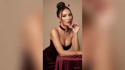 AnnaKarev poses in a tight burgundy velvet dress while eating a cherry, her hair styled in a high bun with a small arrow accessory.