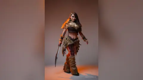 Cosplayer in primal tribal warrior outfit with fur accents and dagger standing in a studio setting.