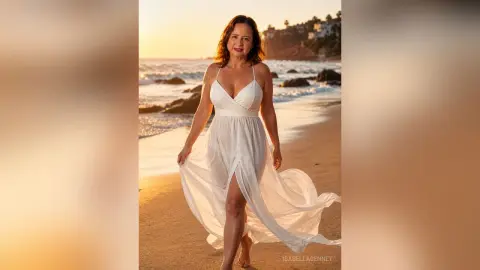 IsabellaBennet walks along a sandy beach at sunset wearing a long, white sundress that shows her legs.