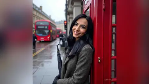 Smiling woman in a grey coat leaning against a red London telephone booth near a red double-decker bus.